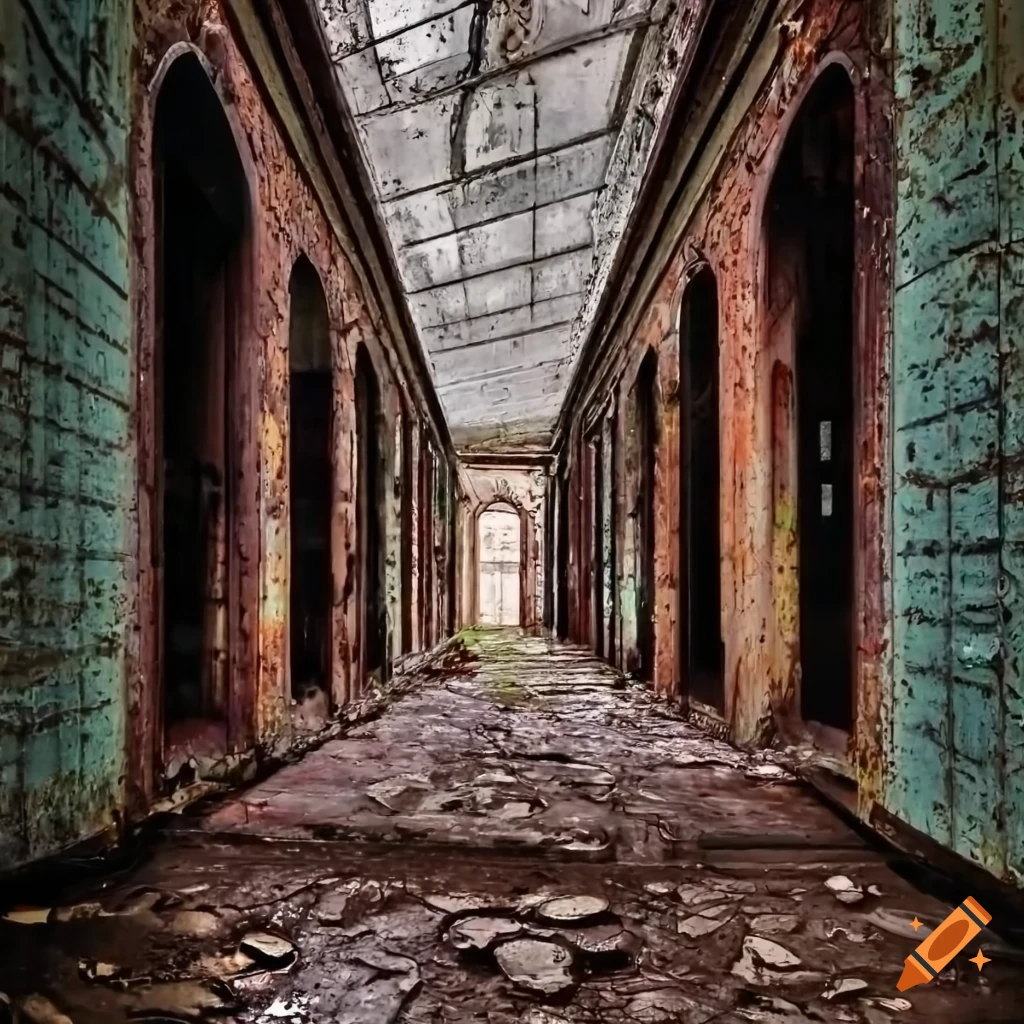 Detailed photograph of long corridor in abandoned art gallery with rusted metal doors, flooded with water