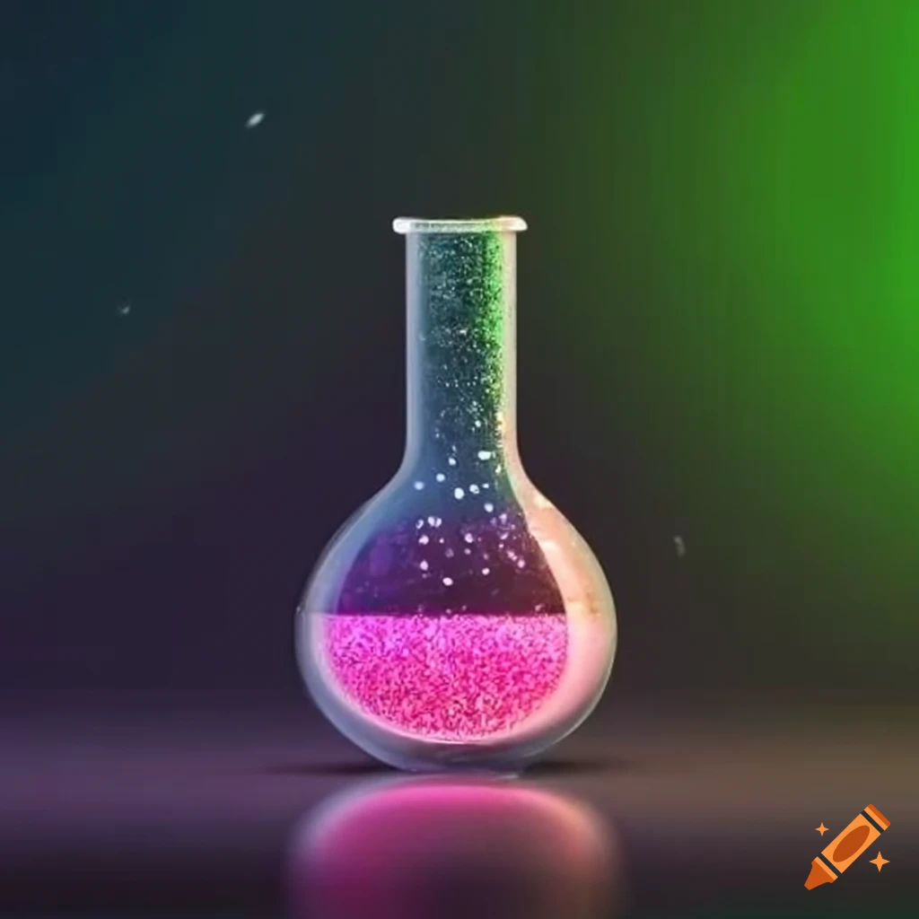 Chemistry flask with glitter liquid inside and green chemistry