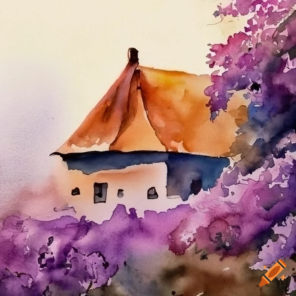 A small moravian rural village house covered with blooming lilac and