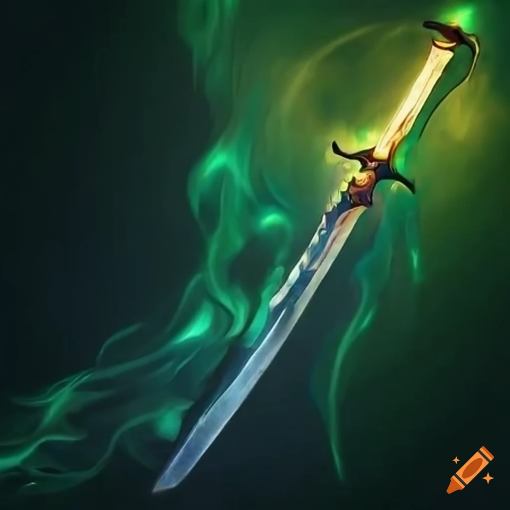 Chinese black blade saber surrounded by ethereal green flames on Craiyon