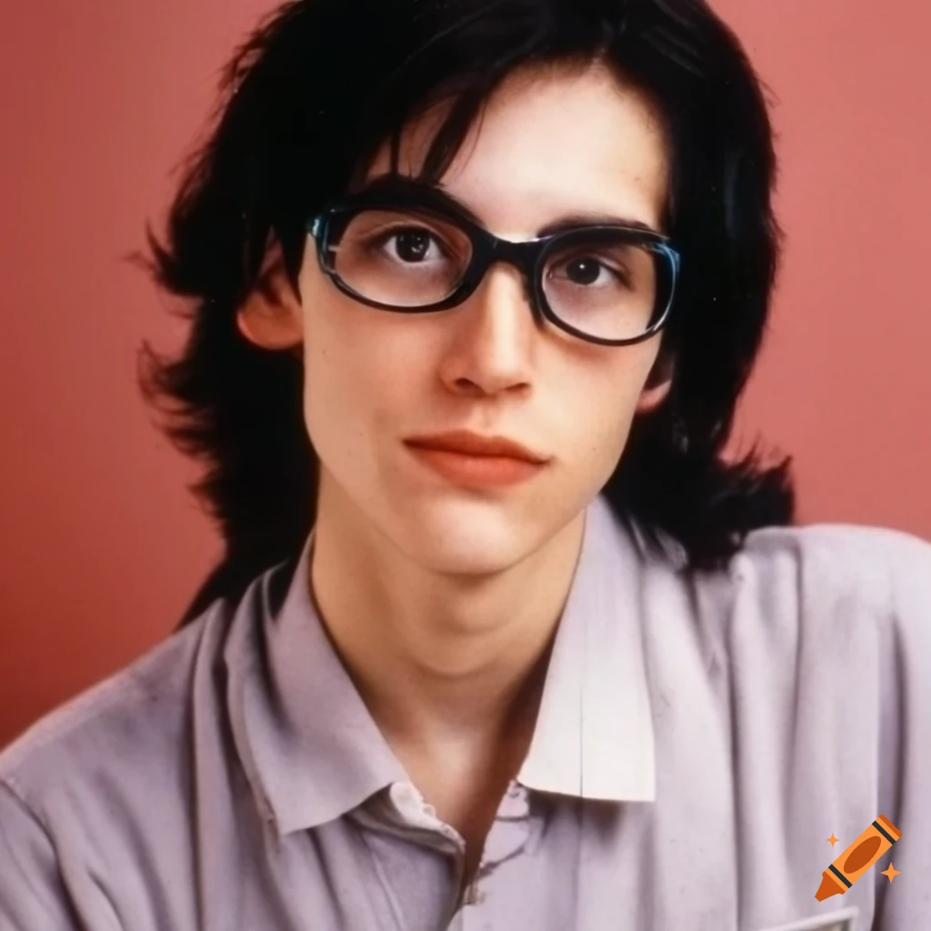 1990s photo of a skinny man with chin-length dark hair and glasses