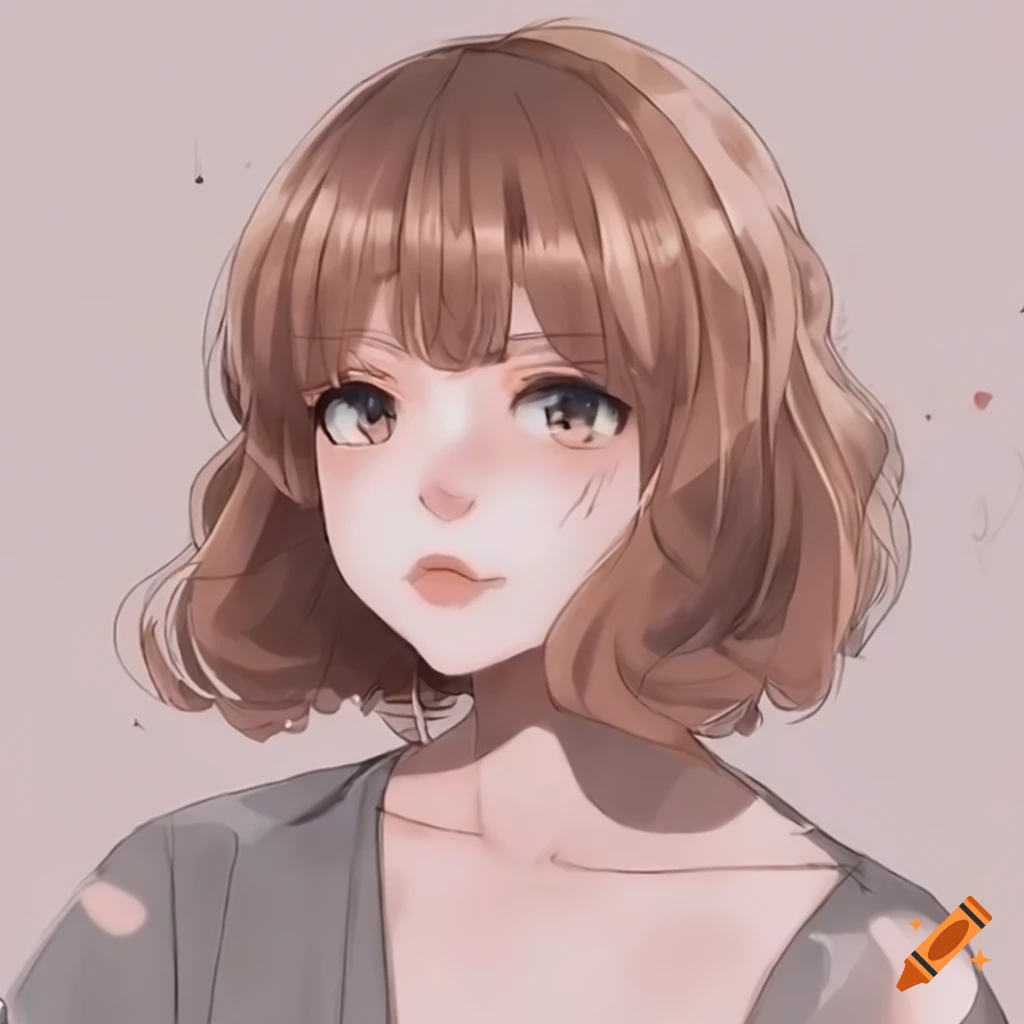 Short wavy brown hair anime girl pfp cute pastel outfit and background aesthetic