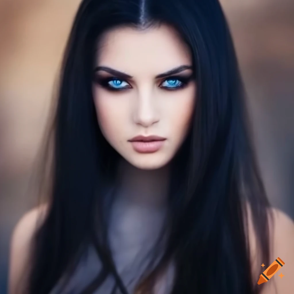 Beautiful perfect woman, black hair, realistic dark blue eyes, natural