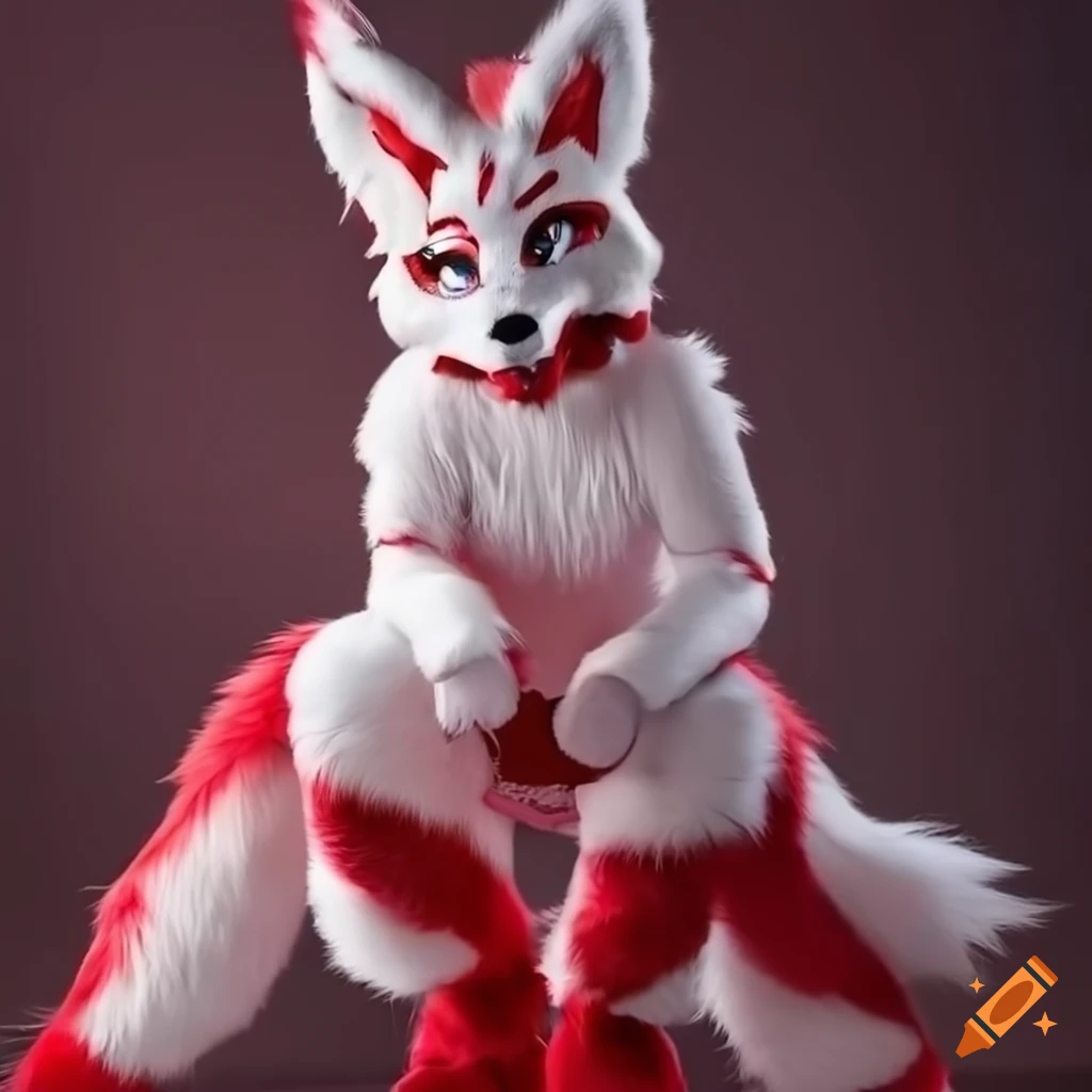 red and white kitsune fursuit with multiple tails