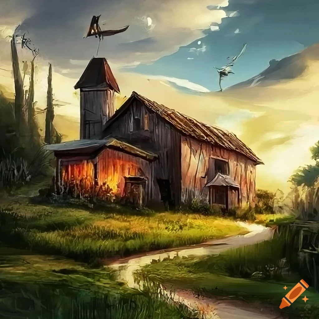 digital fantasy art of a colorful farmhouse
