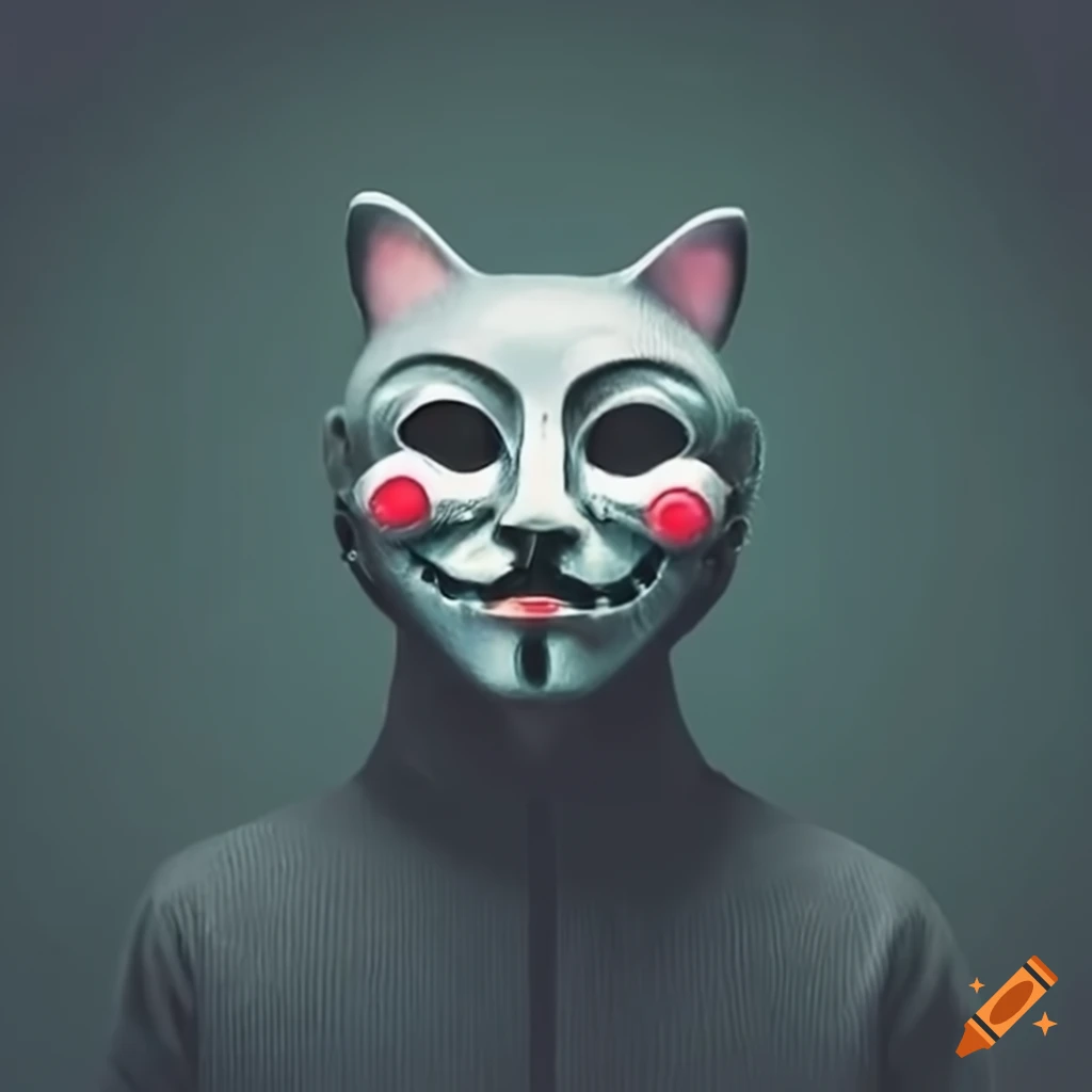 cat wearing Mr Robot mask in mysterious setting