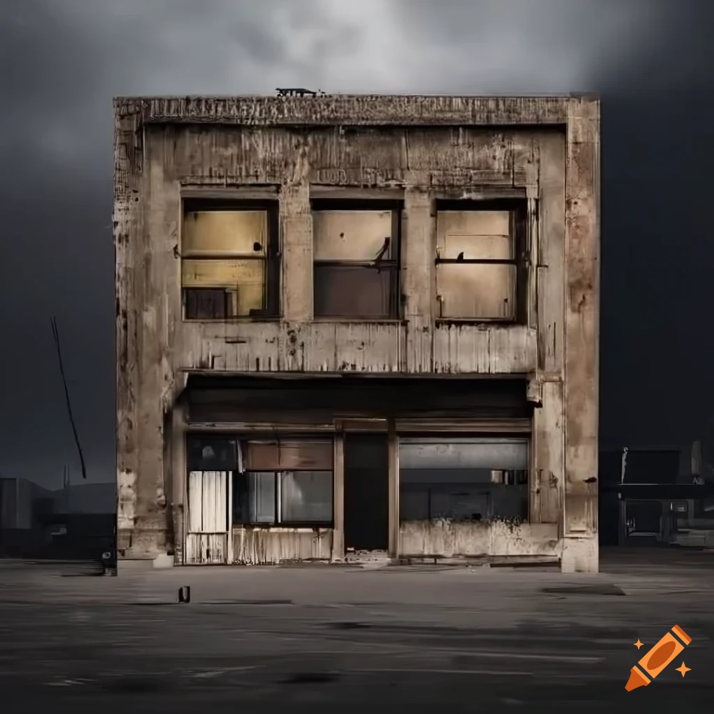 gritty depiction of a weathered storefront facade in a urban environment