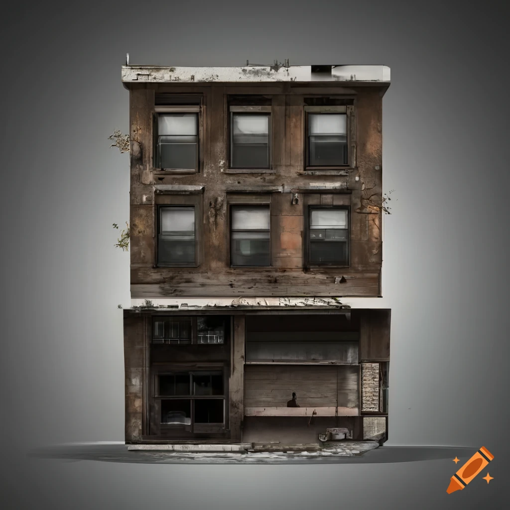 realistic 2D depiction of a weathered storefront