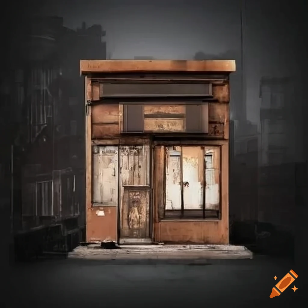 realistic depiction of a weathered storefront in an urban environment