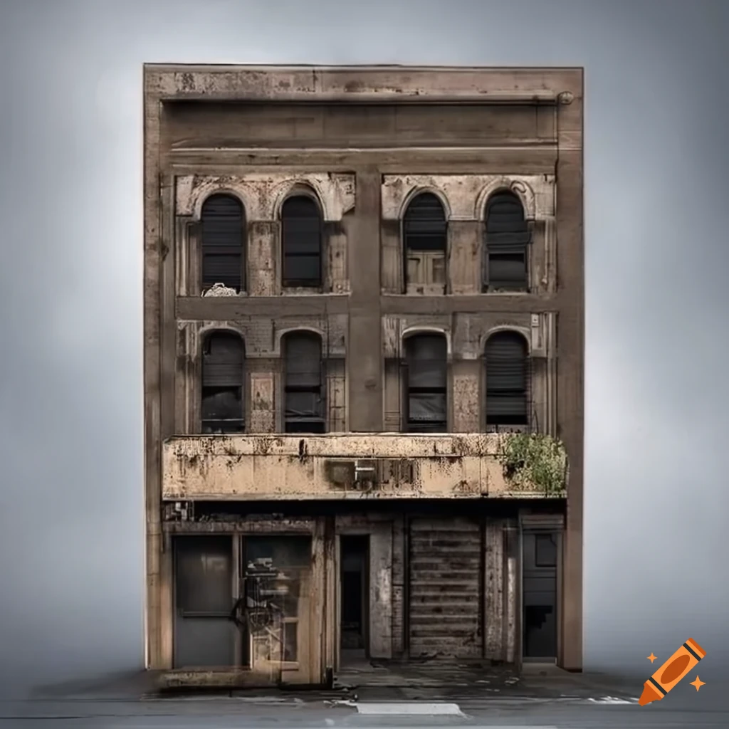 dilapidated storefront facade in a gritty urban environment