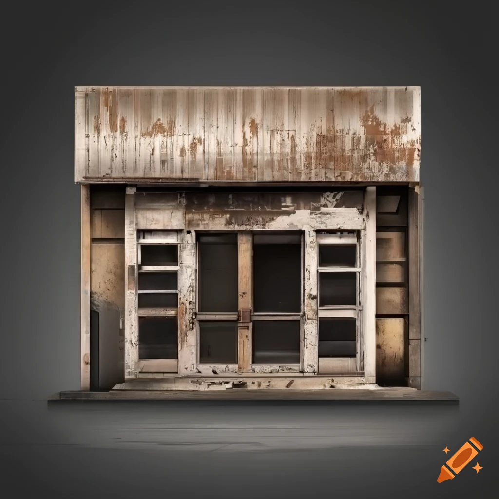detailed 2D depiction of a weathered storefront facade