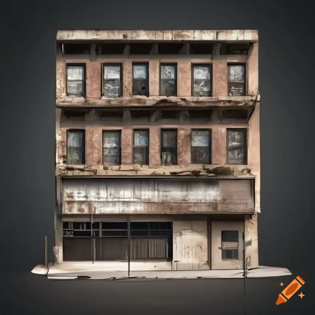 detailed 2D depiction of a weathered storefront facade