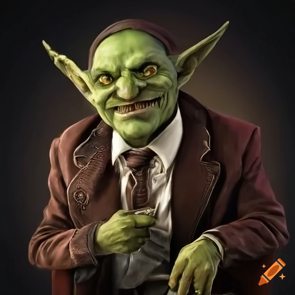 realistic depiction of a goblin mafia boss in Victorian attire