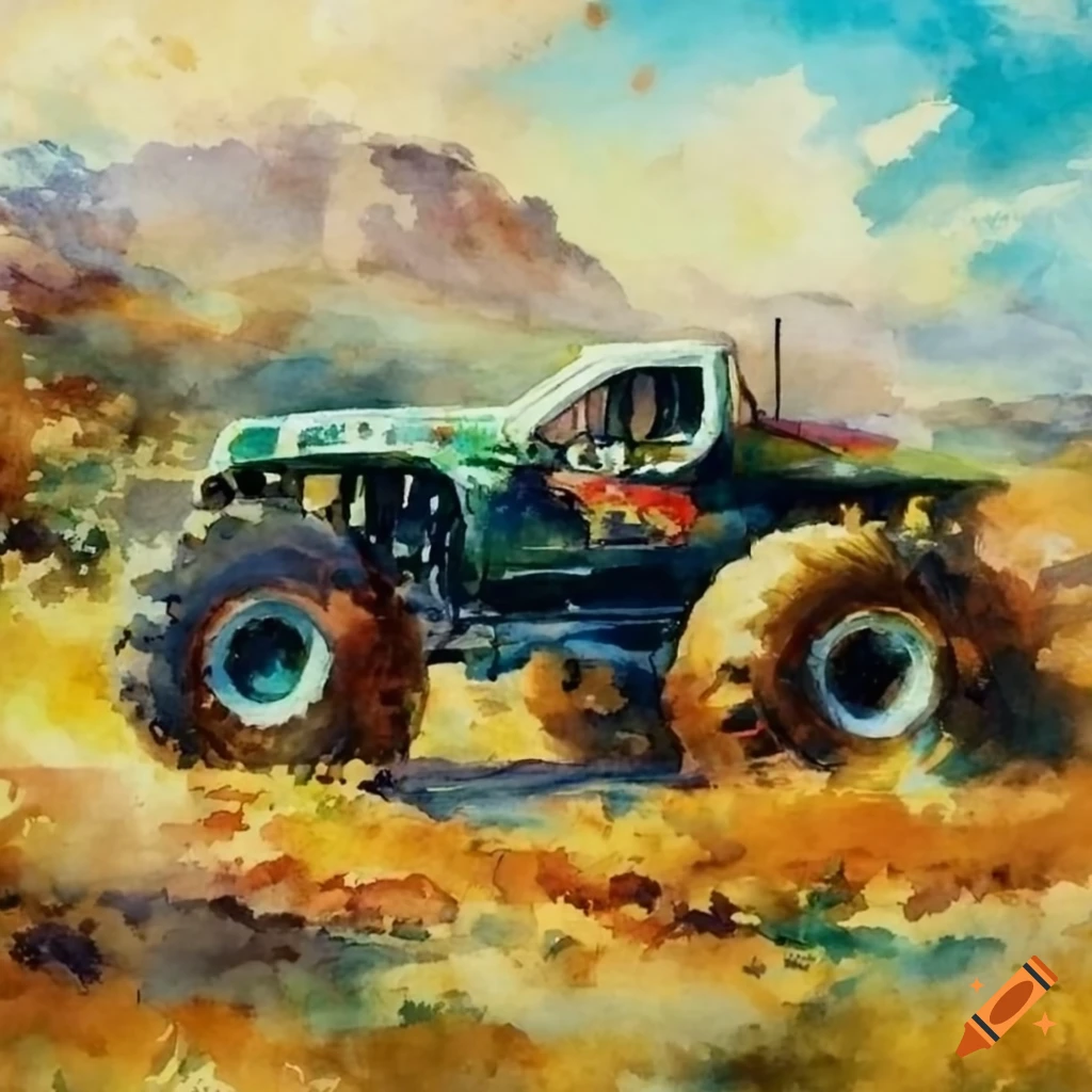 watercolor painting of monster trucks by Thomas Moran