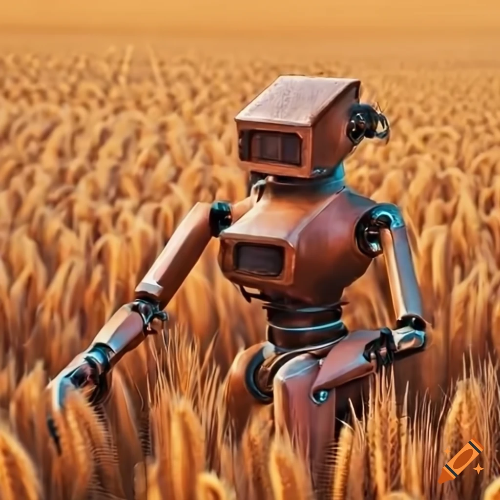 sleek modern war robot in a wheat field