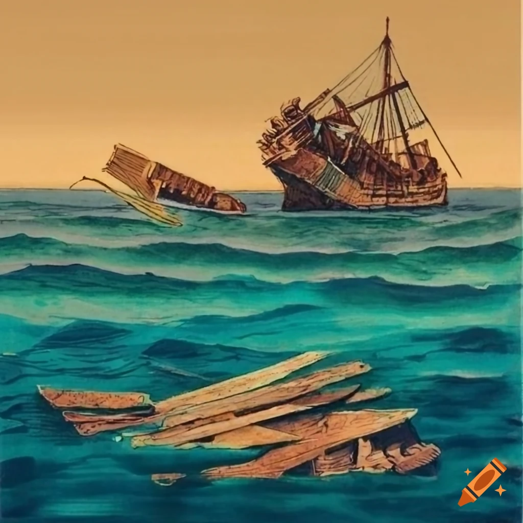 color lithograph of a shipwreck near a tropical island