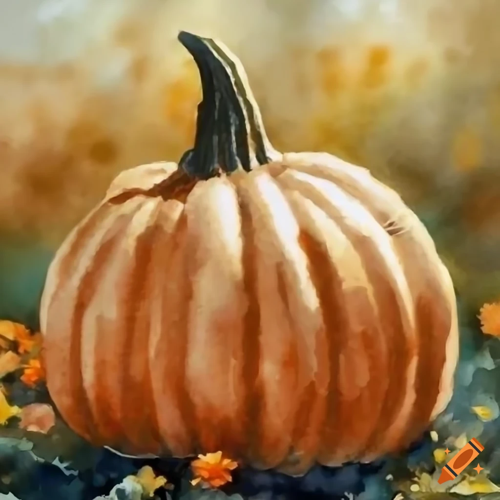 vivid painting of a pumpkin in an autumn landscape