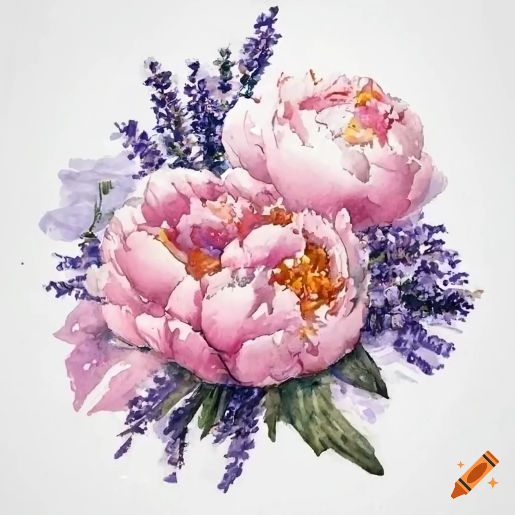 Watercolor painting of pink peonies and lavender bouquet on Craiyon
