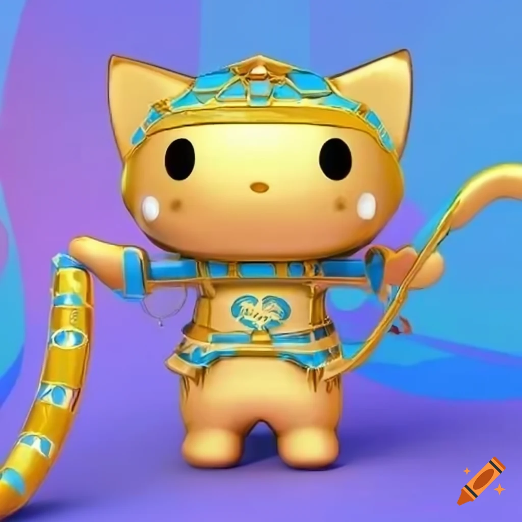 Sanrio 3D render of a metallic blue and gold cat