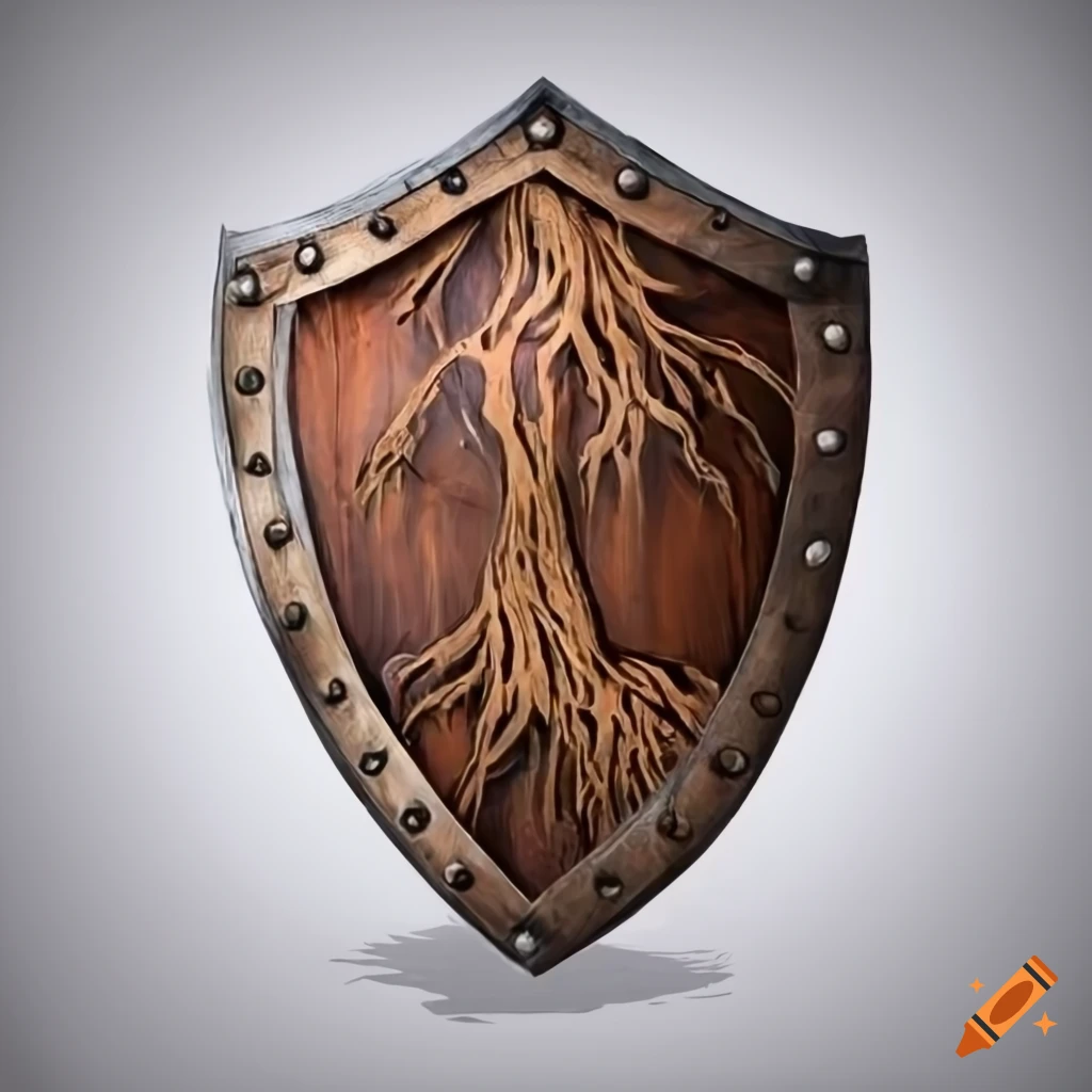 wooden medieval shield with tree design