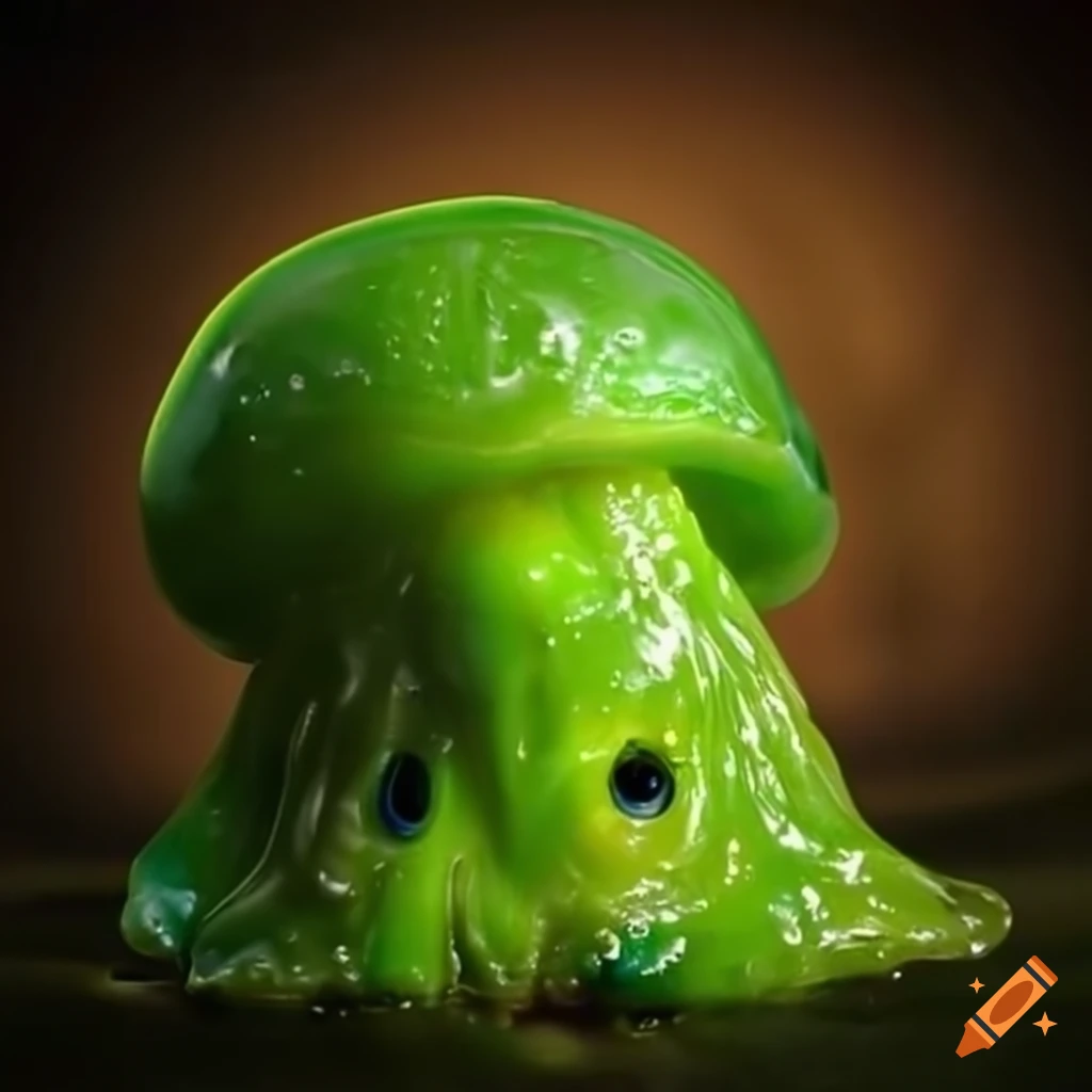 green gooey slime with eyes in a dark cave