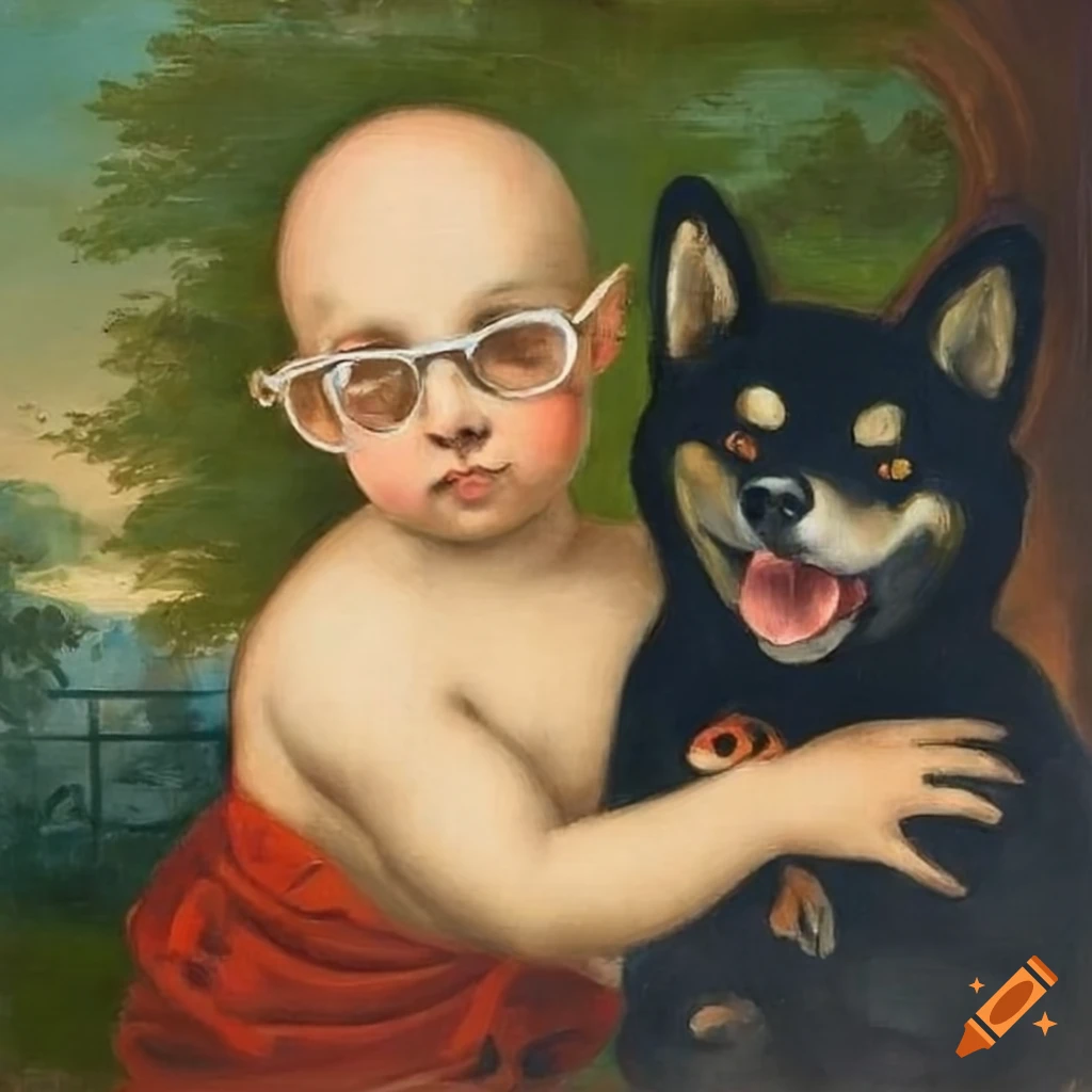 painting of a bald cherub with a Shiba Inu in a green park