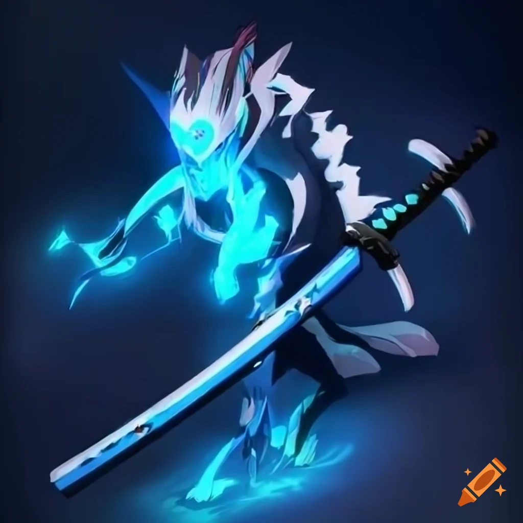 image of a blue and white futuristic protogen with a katana