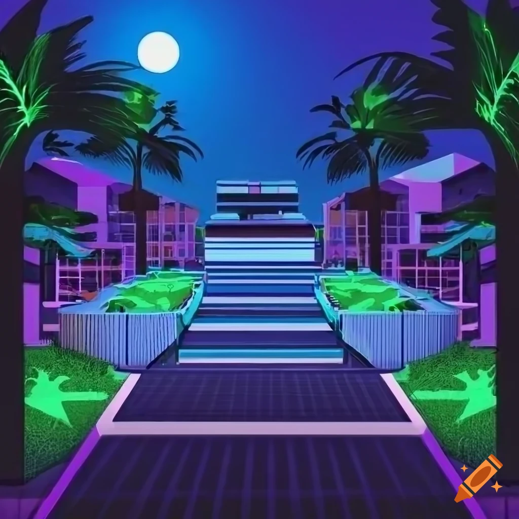 neon lighting patio with retro 80's design in a tropical landscape