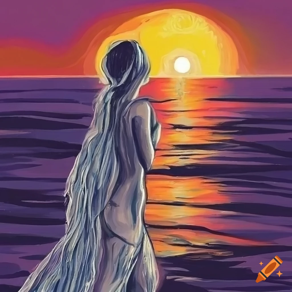 Oil painting of Aphrodite watching sunset at the beach on Craiyon