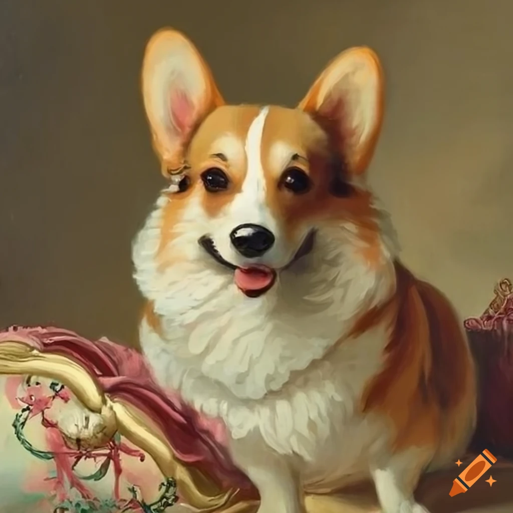 rococo painting of a corgi on a swing