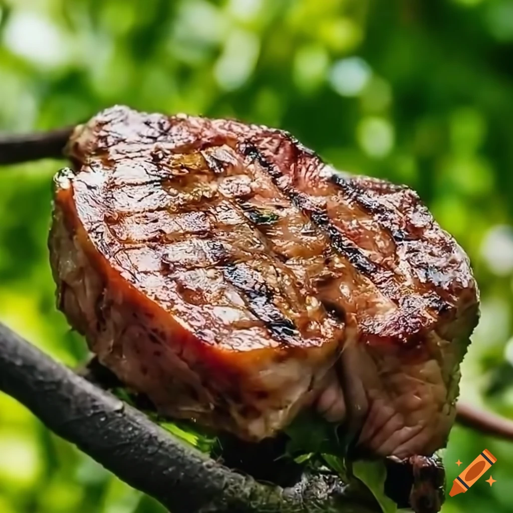 photo realistic image of a grilled steak on a tree branch
