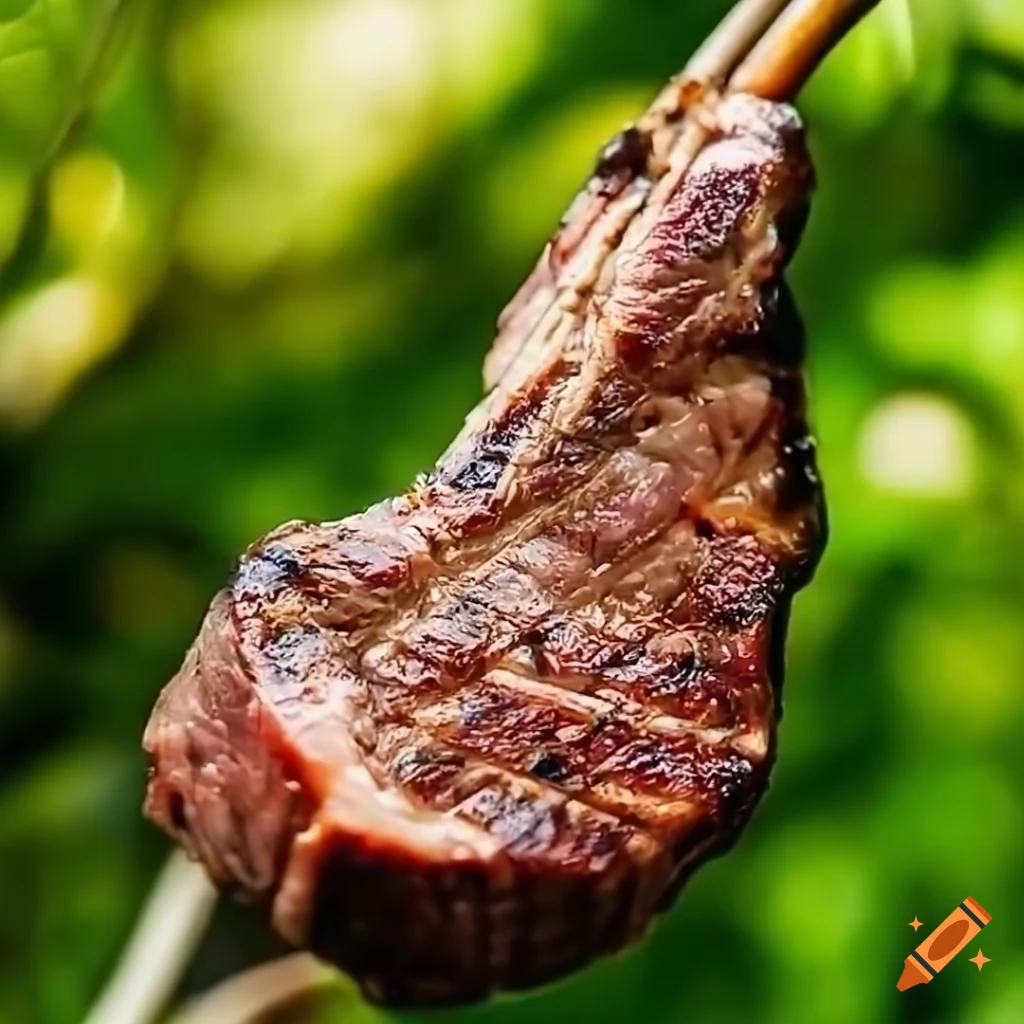 photo realistic depiction of a grilled steak on a tree branch
