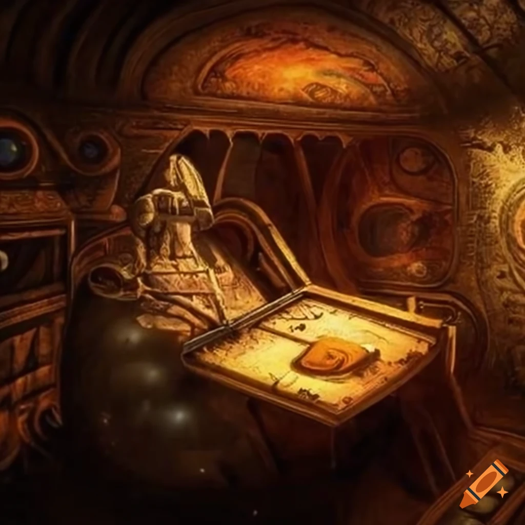 image of an ancient diary in a spaceship room