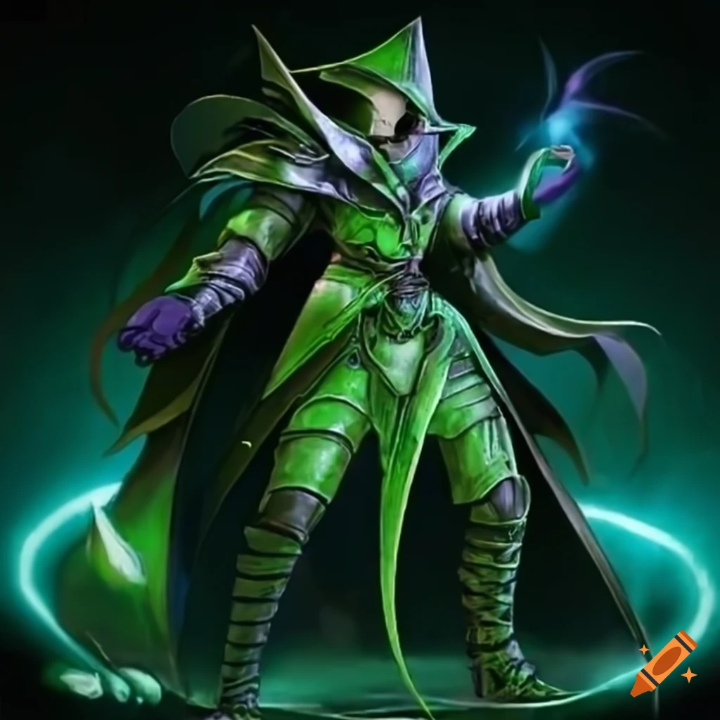 image of a dark magician in green armor