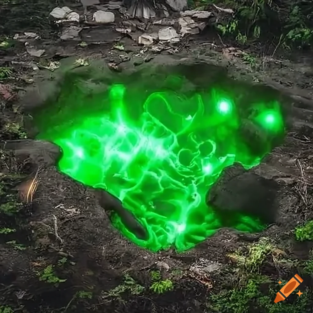 glowing green slime-covered meteorite in a rural backyard