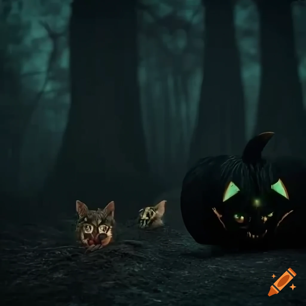 spooky Halloween scene with glowing-eyed black cats and jack-o-lanterns