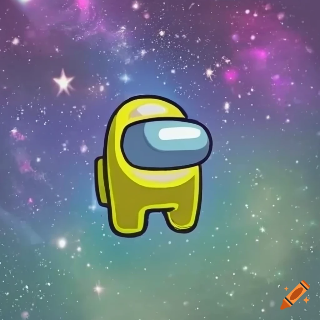 vibrant cartoon of a yellow among us crewmate with galaxy backdrop