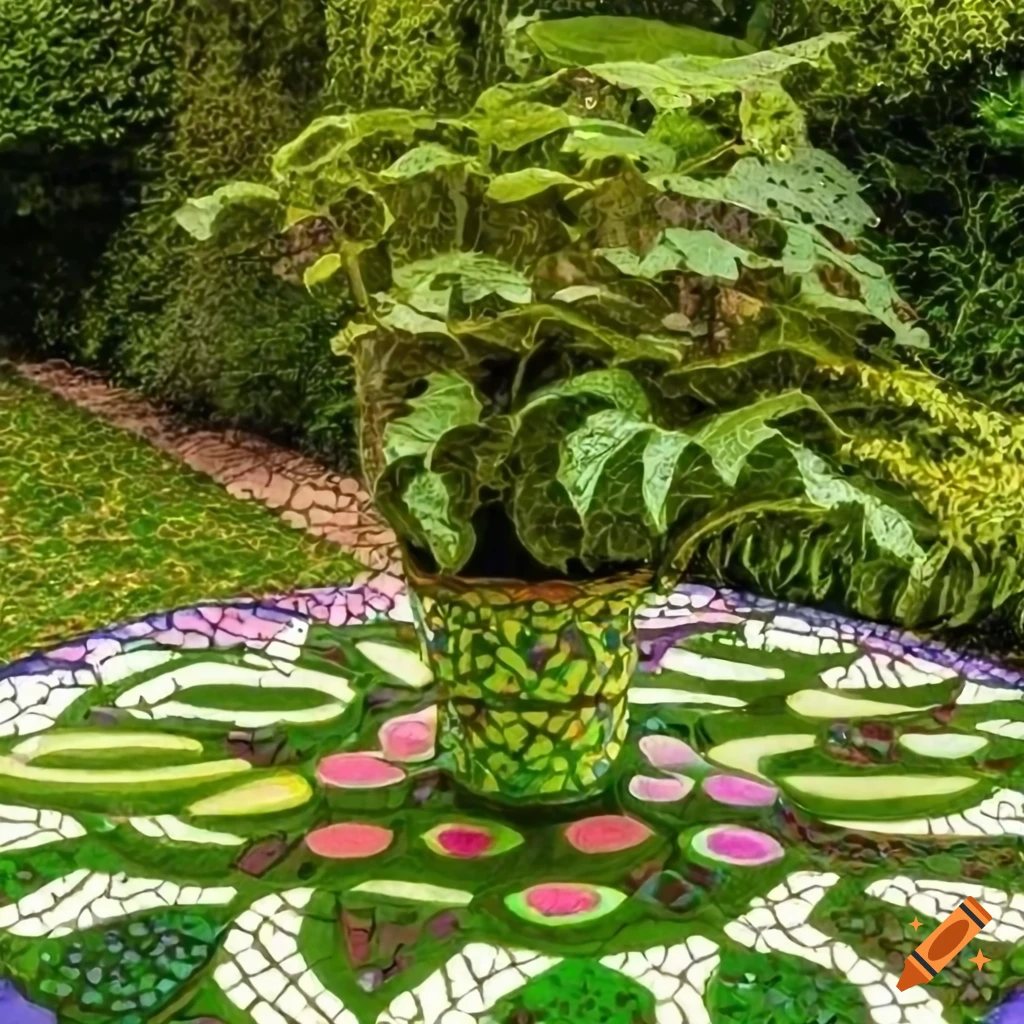 artistic garden with decorative pointillism planter