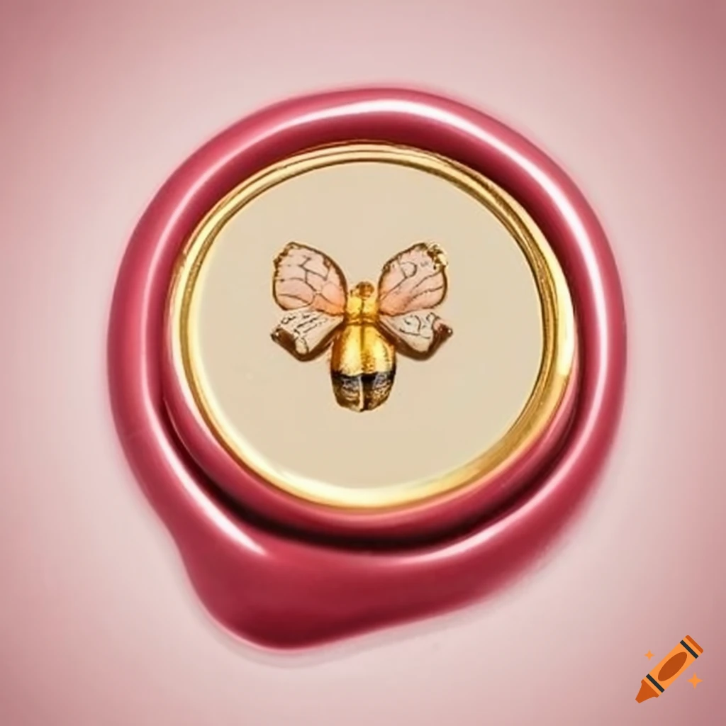 white wax seal with gold and pink bee design