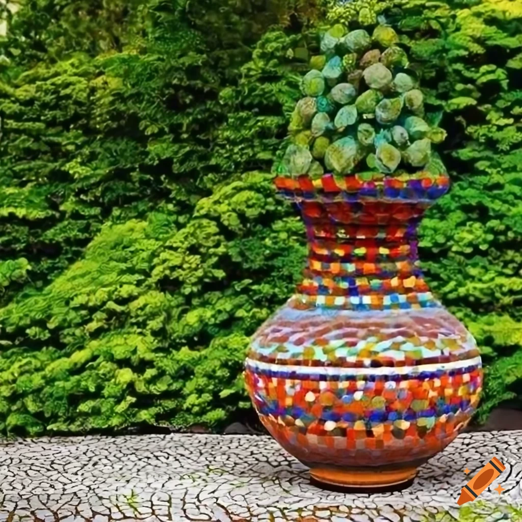 mosaics garden with decorative vase and fantasy plant