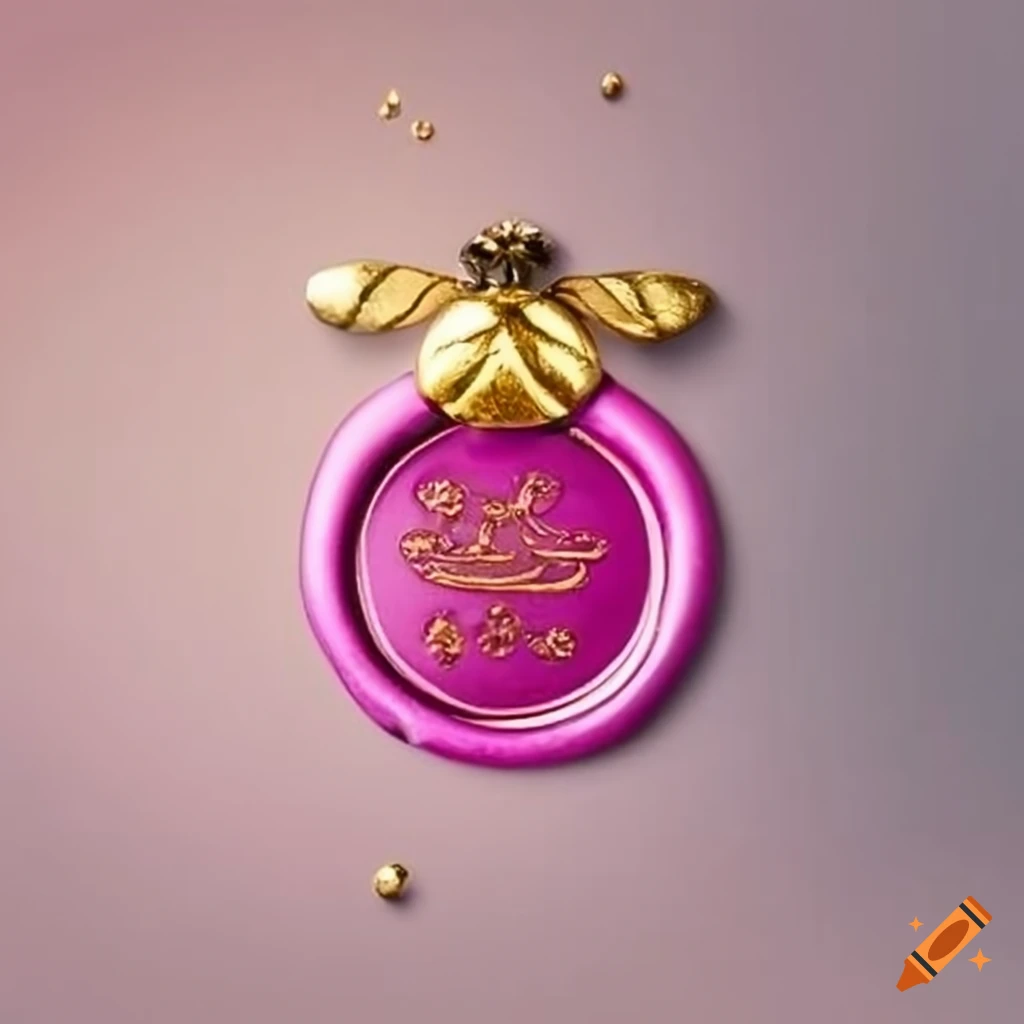 white wax seal with gold and pink bee