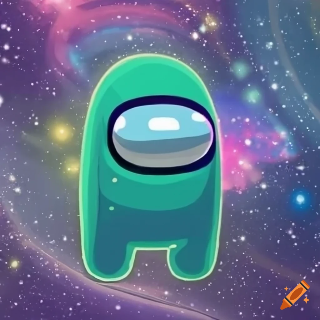detailed and vibrant cartoon image of an Among Us crewmate in a colorful galaxy backdrop