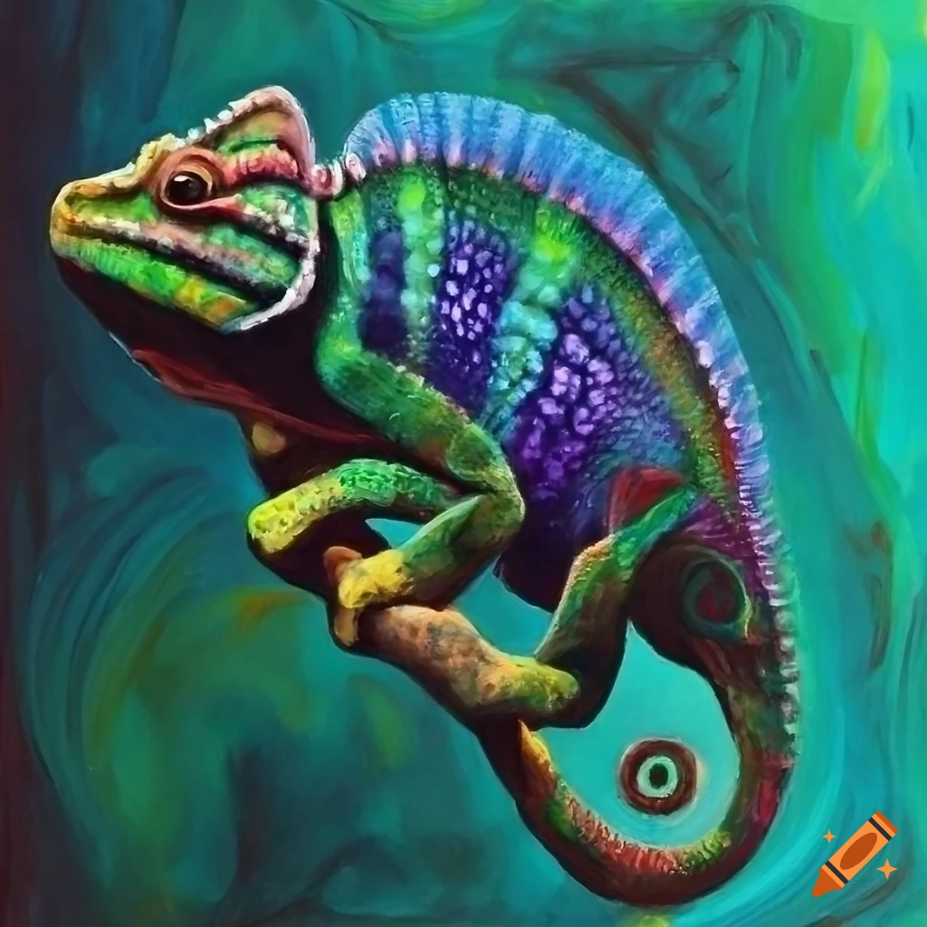 Mesmerizing oil painting of a colorful chameleon on Craiyon