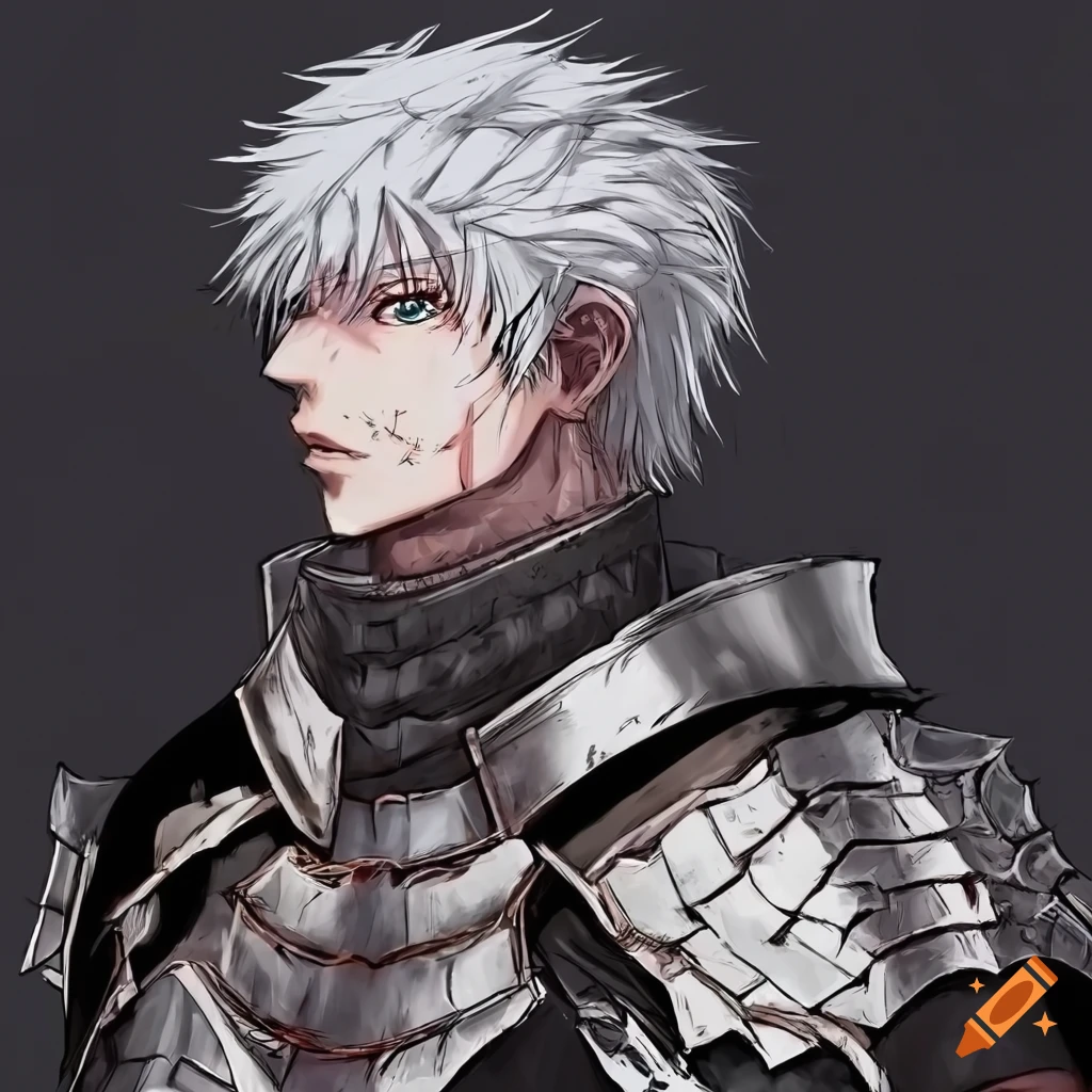 illustration of a white-haired anime warrior in black armor