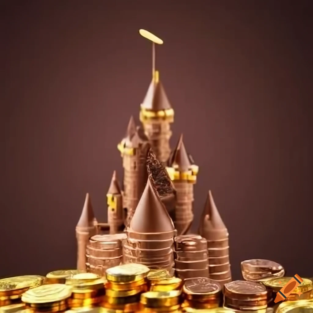 Chocolate castle with surrounding chocolates and gold coins on Craiyon