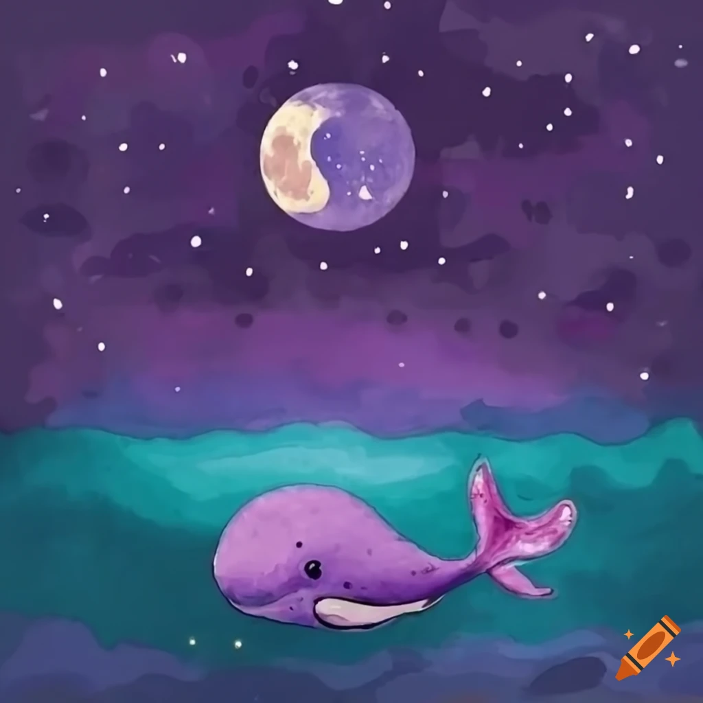 night scene with a full moon and a purple whale