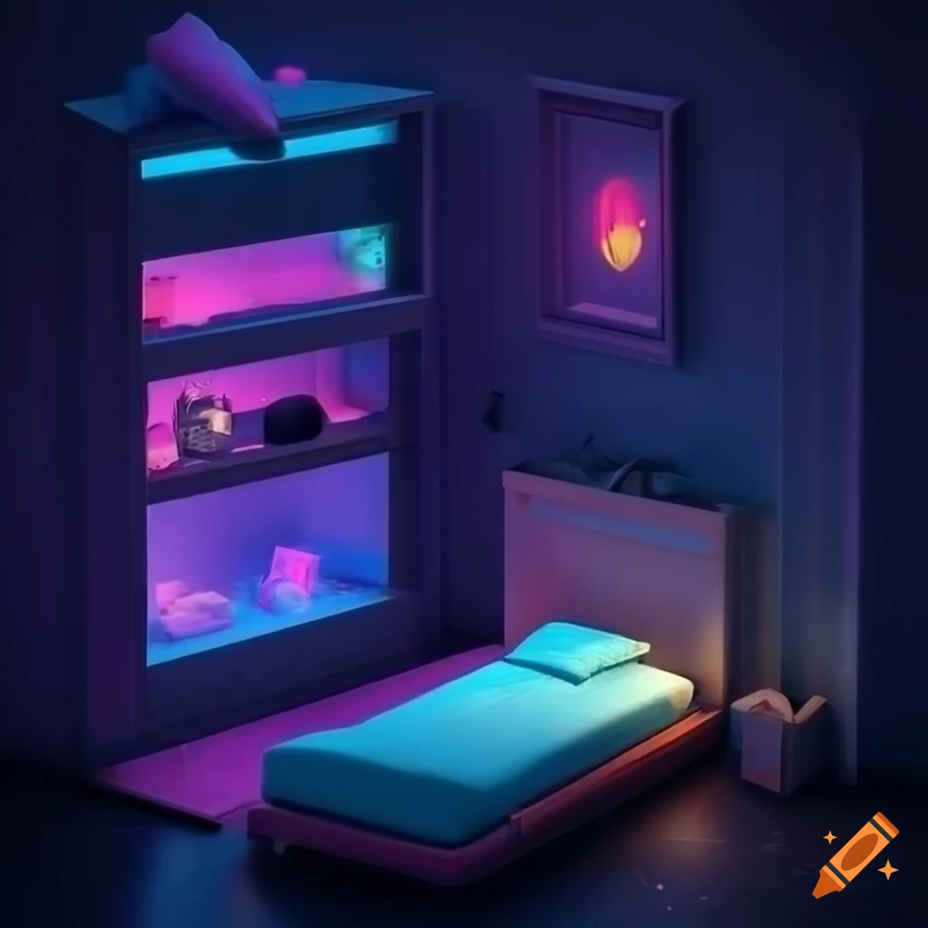 retrowave-style 3D bedroom render
