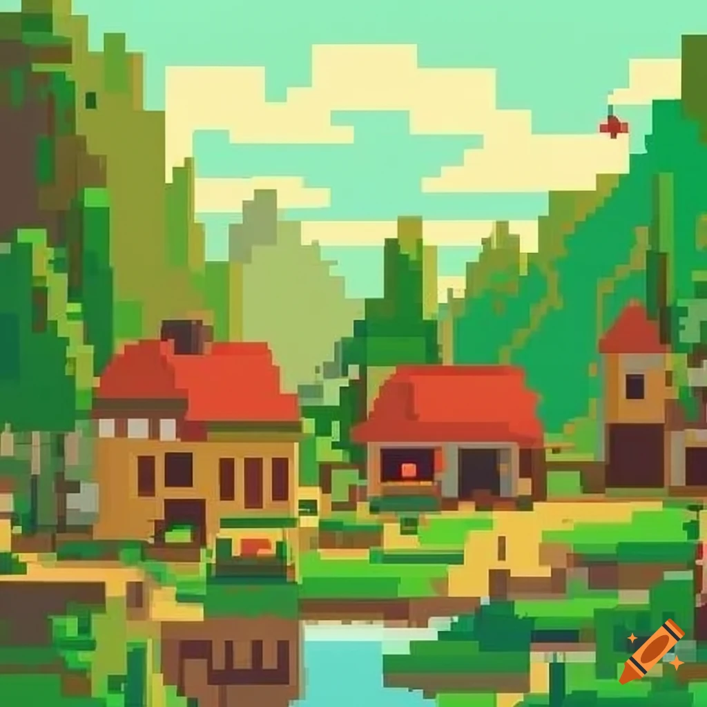 pixel art of a green village with a hospital
