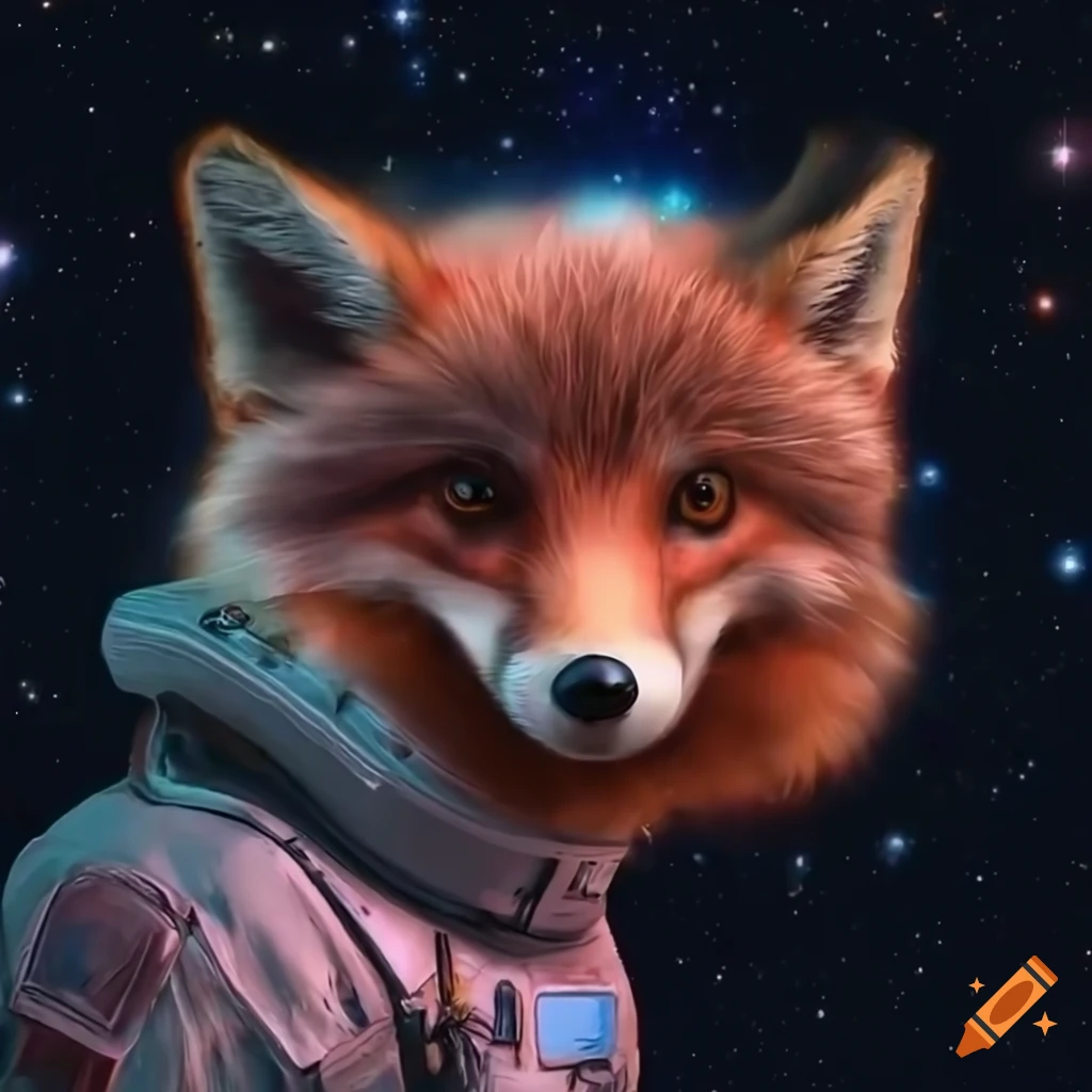hyperrealistic depiction of a fox in an astronaut suit in a cosmic setting