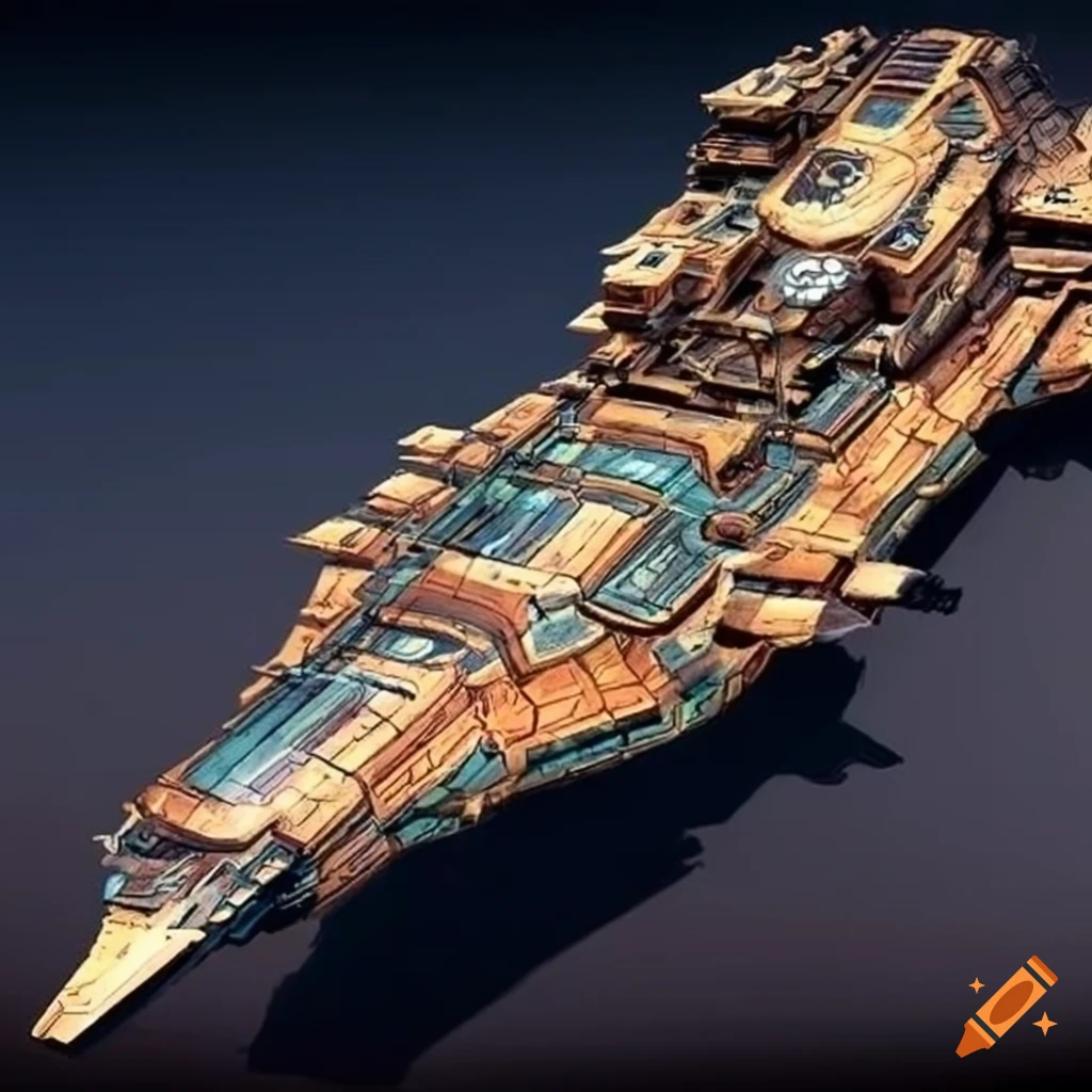 golden sunbird battleship in retrofuturist scifi style